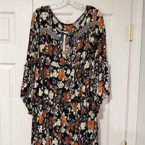 Uncle Frank Black Floral Tiered Midi Dress with Rust & Cream Flowers